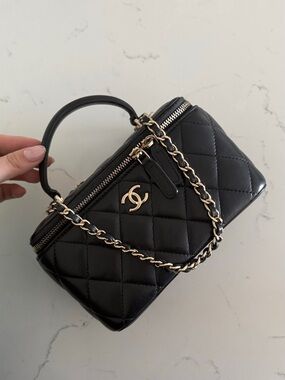 CHANEL Black Quilted Small Vanity Bag with Gold Chain & Handle